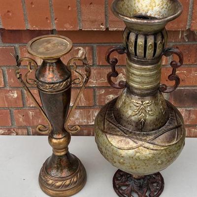 Decorative Bronze Tone Metal And Resin Pilar Candle Holder And Handled Urn