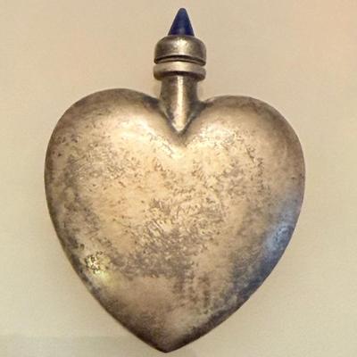 Vintage Mexico Sterling Silver Heart Perfume Bottle With Blue Stone Dobber - Weighs 16.9 Grams