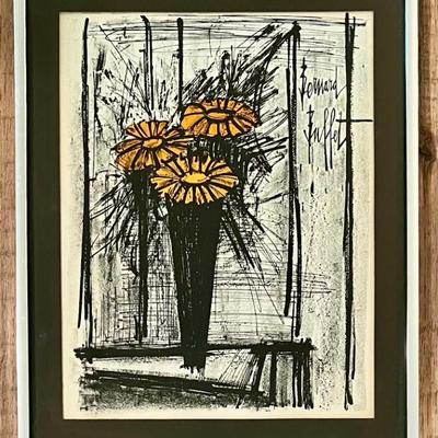 Vintage Original Lithograph By Bernard Buffet Flowers In Glass Front Frame With COA