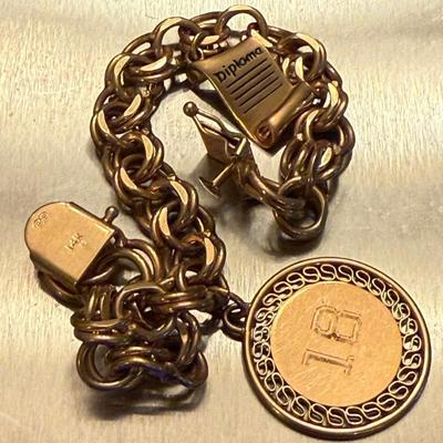 Vintage 14k Gold 7" Charm Bracelet Stamped BB With (2) 14k Gold Charms - Weighs 34.65 Grams