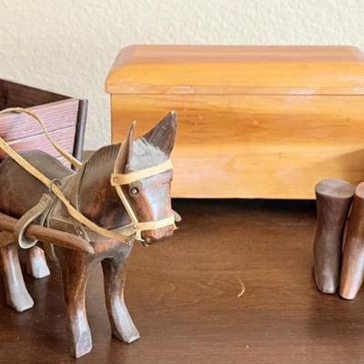 Walter Larsen Carved Wood Horse And Buggy, 3 Pairs Of Boots, Lidded Box