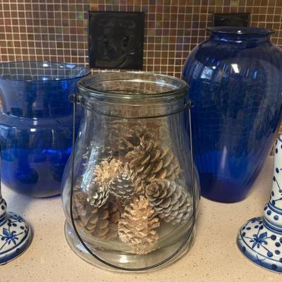 (2) Cobalt Glass Vases, Blue And White Ceramic Candle Holders, Clear Candle Holder