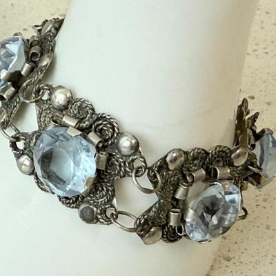 Vintage 1940's Mexico Silver 7" Bracelet With Large Faceted Aqua Glass Beads