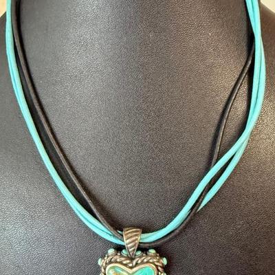 925 Sterling Silver And Turquoise Heart Pendant 17" Necklace With Teal And Black Leather Band
