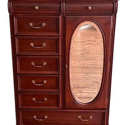 59" 8 Drawer Mirrored Front High Boy Dresser With Shelves And Glass Top