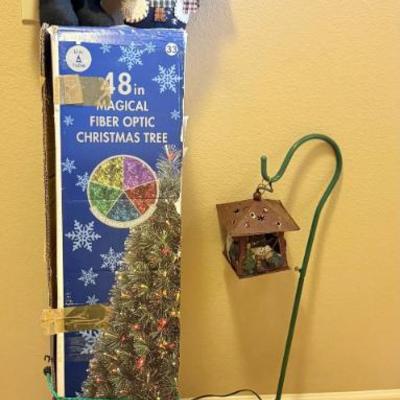 Christmas Lot - 48" Fiberoptic Tree, (2) Snowmen Figurines, Plug In Outdoor Snowman Lantern, Teapot, Throw