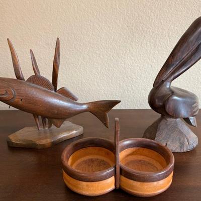 Hand Carved Iron Wood Pelican And A Walter Larsen 1970 Carved Fish With Carved Bowl 1973 (as Is)
