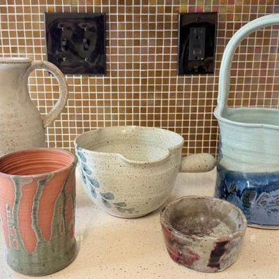 Studio Pottery Pitcher, Vase, Pouring Bowl, Basket, And Bowl