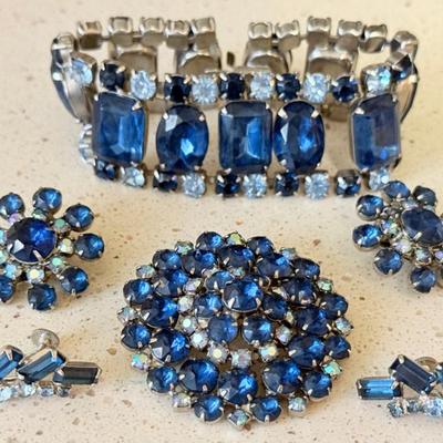Vintage Blue Aurora Borealis & Light Blue Rhinestone Bracelet - Pin & (2) Pairs Of Earrings Clip & Screw Back