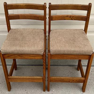 Vintage Pair Of Oak 25.5" Bar Stools With Material Seats