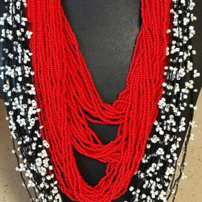 Vintage Red Multi Strand Seed Bead Necklace (as Is) & White Seed Bead & Black Crochet Multi Strand Necklace