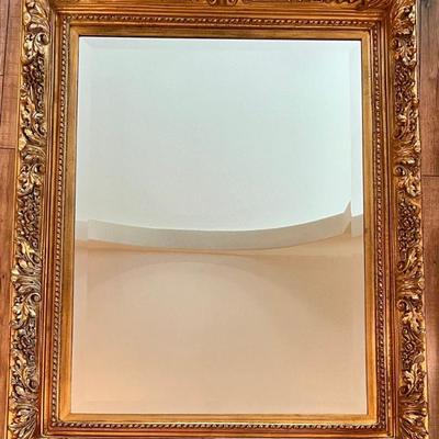Large 41.25" X 51" Ornate Gold Tone Wooden Beveled Wall Mirror