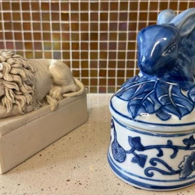 Resin Resting Lion Trinket Box House Parts Inc. And A Porcelain Blue And White Rabbit Dish