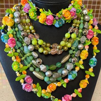 Vintage Japan Colorful Multi Strand Plastic And Glass Bead Hook Necklaces