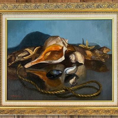 Original H. Anderson Shell Still Life Oil On Canvas With Custom Gold Tone Wood Frame