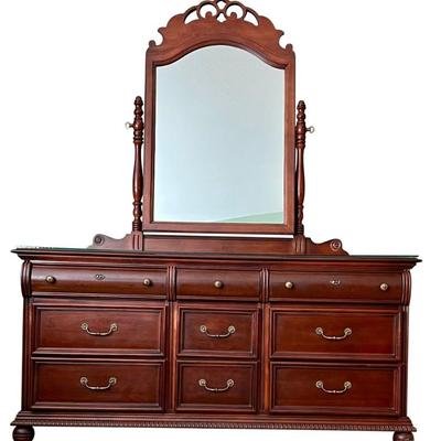 9 Drawer Wooden Mirrored Dresser With Brass Pulls And Glass Top