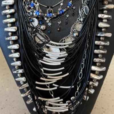 Silver Tone Statement Necklaces - Multi Strand Strap - Silver Tone Bead - Satin Glass & Hematite Bead