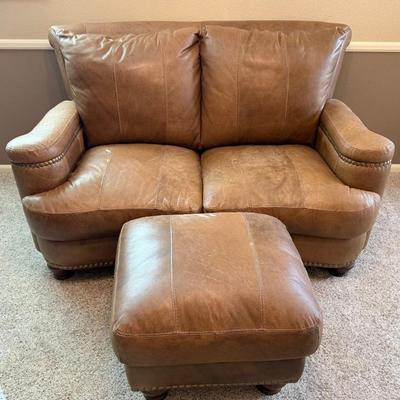 Camel Leather Loveseat With Matching Ottoman (pet Friendly Home)