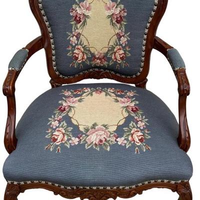 Vintage Floral Upholstered Carved Arm Chair With Nail Head Trim