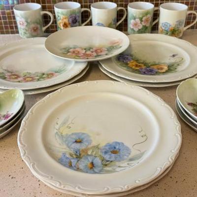 Collection Of Vintage Hand Painted Plates, Mugs, And Fish Bone Dishes