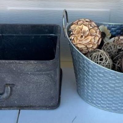 Metal Basket With Assorted Faux Branches And Spheres & A Metal Tool Box Style Planter