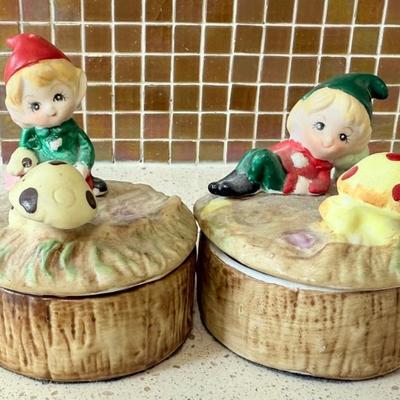 (2) Vintage Homco Pixie Elf And Mushroom Ceramic Trinket Boxes