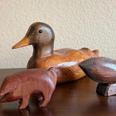 (4) Walt Larsen 1970's Carved Wood Lidded Dish, Cow, Duck, And Whale (as Is)