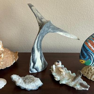 Carved Wood Hand Painted Fish, Resin Whale Tail, Conch Shell, Geode, And A Castagna Italy Otter Figurine