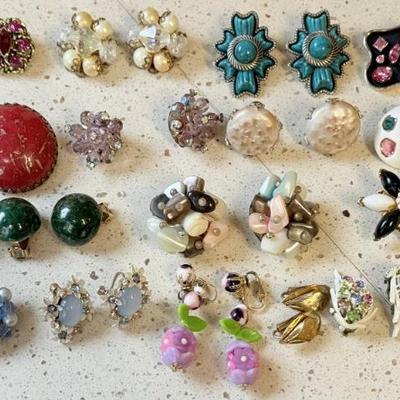 Lot Of Vintage Clip On And Screw Back Earrings - Thermoset, Art Glass, Rhinestone, Coro, MOP, And More