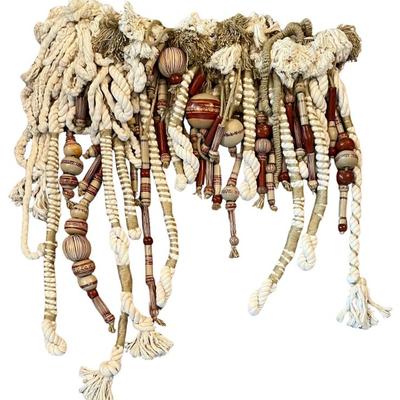 Hand Made Mexico Folk Art Woven Wall Hanging With Hand Painted Pottery Beads