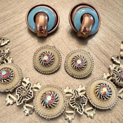 Vintage Aurora Borealis & Faux Pearl Bracelet (as Is) & Matching Earrings And Matisse Copper & Enamel Earrings