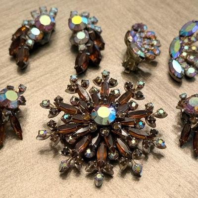 Vintage Stunning Amber Aurora Borealis Pin & (3) Pairs Of Clip On Earrings