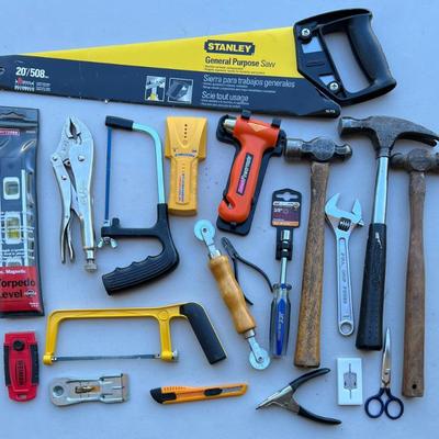 Assorted Hand Tools - Stanley Saw, Craftsman Level, Stud Finder, Hammers, And More