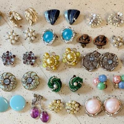 Assorted Vintage Clip On Earrings - Thermoset, Trifari, Vendome, Sarah Coventry, Coro, Jumaz, And More