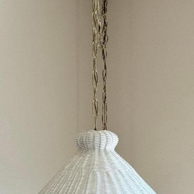 Vintage White Woven Wicker Plug In Hanging Pendant Lamp With 8 Foot Gold Tone Chain