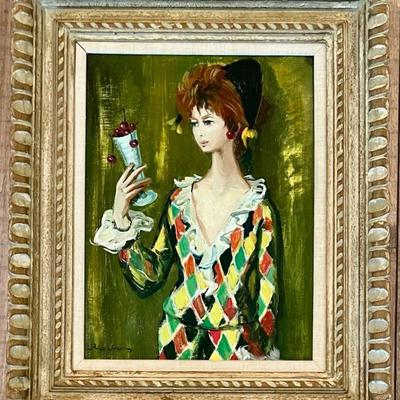 Original Andre Chochon Harlequin Girl Signed Oil On Canvas In Custom Frame