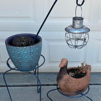 (2) Small Metal Plant Stands With Pots And Plant Hanger