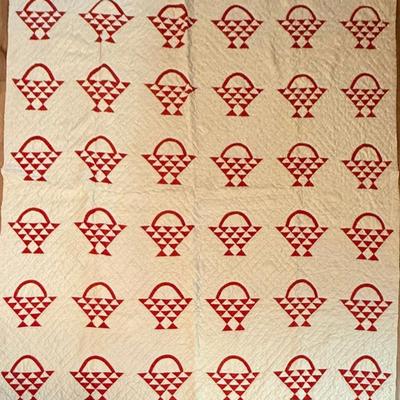 71" X 71" Antique Hand Stitched Red And White Basket Quilt