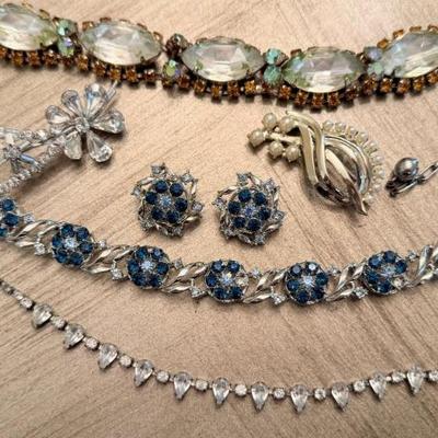 Vintage Rhinestone Costume Jewelry (2) Necklaces (1) As Is - Matching Earrings - Bracelet (as Is) - Pins