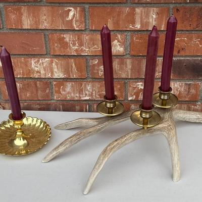 (2) Candle Holders - Brass Chamber Stick And Antler