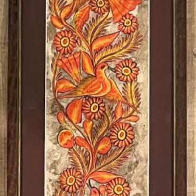 13" X 40" Mexico Amate Bark Paper Hand Painted Birds In Custom Frame With Glass Front