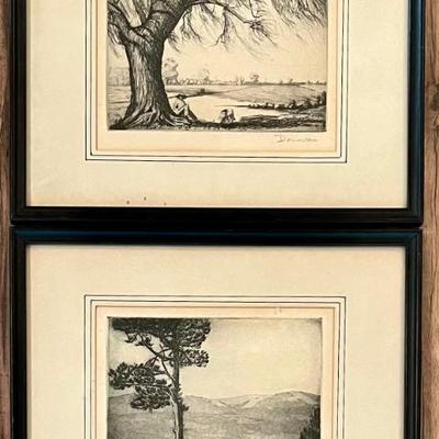 Pair Of Original Etchings By Donovan "willow In Old Mexico" And " The Lone Pine" In Frames