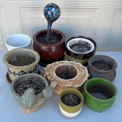 Small Lot Of Pottery And Ceramic Planters With Art Glass Watering Globe