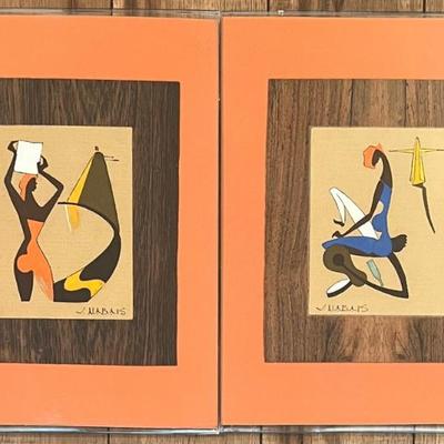 Pair Of Small Virgilio Nabais Brazilian Folk Art Cloth Paintings With Plex-art Designs Frames