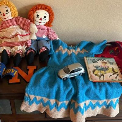 Hand Crocheted Girls Dress, Raggedy Anne And Andy, Embroidered Childs Coat, Hand Made Slippers