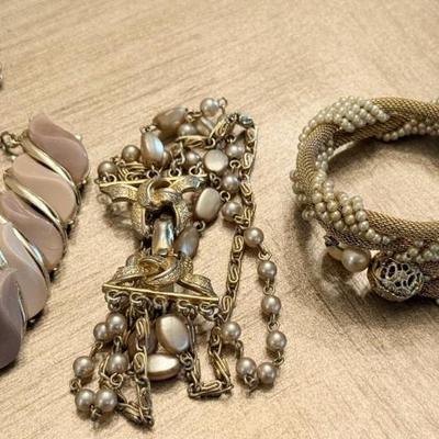 (3) Vintage Costume Bracelets - Pink Thermoset - Coro Multi Strand Gold Tone & Bead And Wrap Faux Pearl