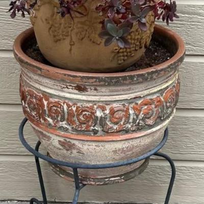Small Metal Plant Stand With (2) Terracotta And Resin Planters