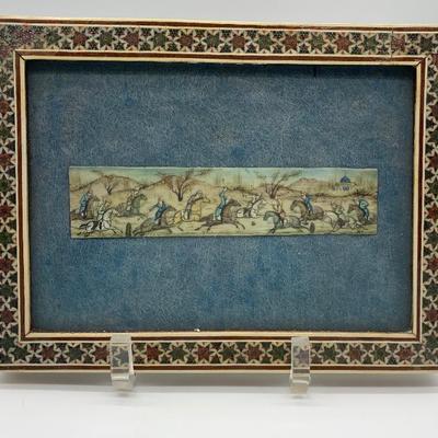Sale Photo Thumbnail #55: Antique camel bone Persian miniature painting depicting a polo scene