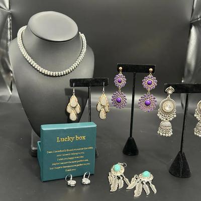 The Lucky Box Heart Earrings With Costume Rhinestone Necklace And Earrings
