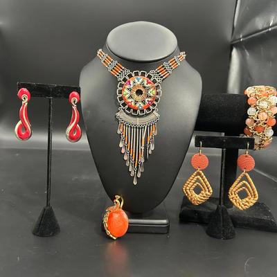 Beaded Native American Style Necklace, Orange Peacock Pendant, Bracelet And Two Pairs Of Earrings